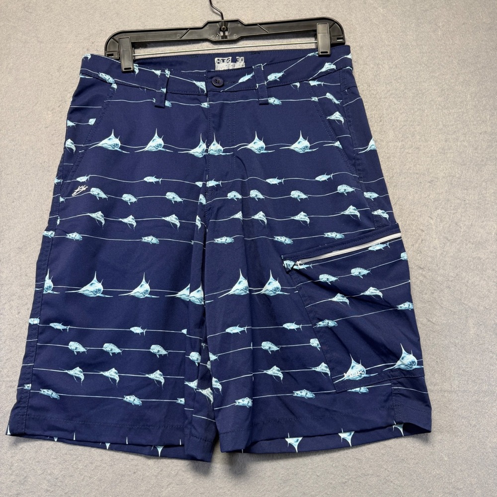 Huk Men Size 30x10 Performance Fishing‎ Shorts Navy Blue Fish Print Cargo Pocket